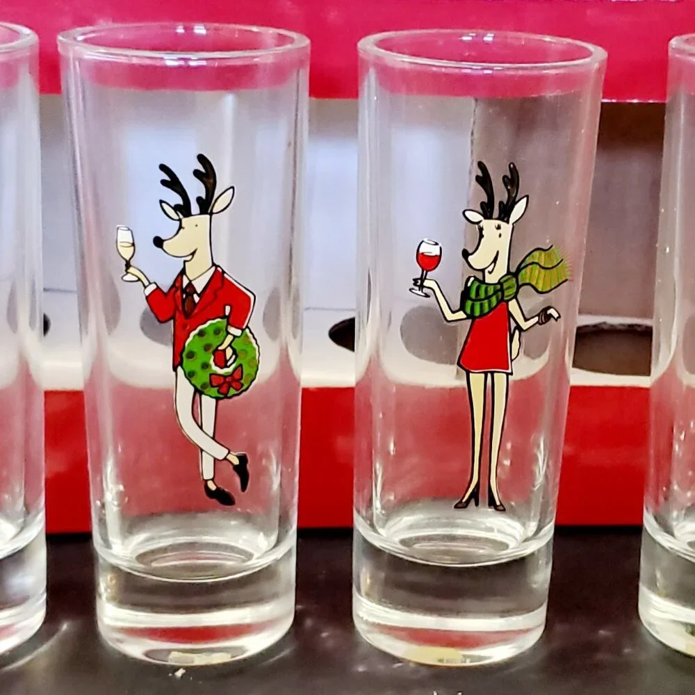 Reindeer Shot Glasses Set Of 4 Christmas Barware Open Box Never Used